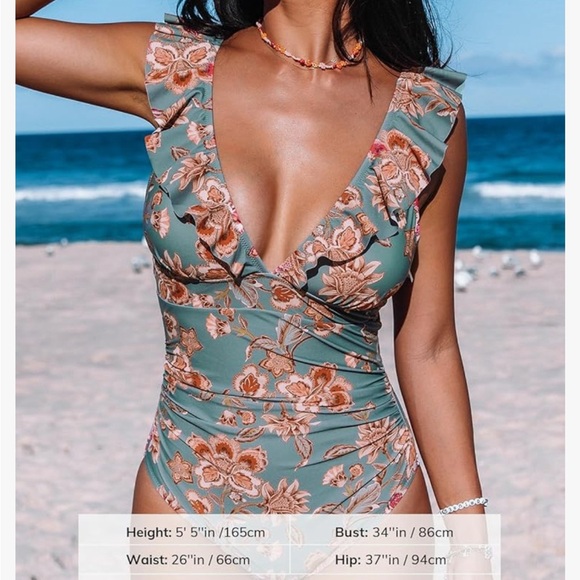 CUPSHE Women's Ruffled One Piece Swimsuit V Neck Lace - Picture 2 of 10